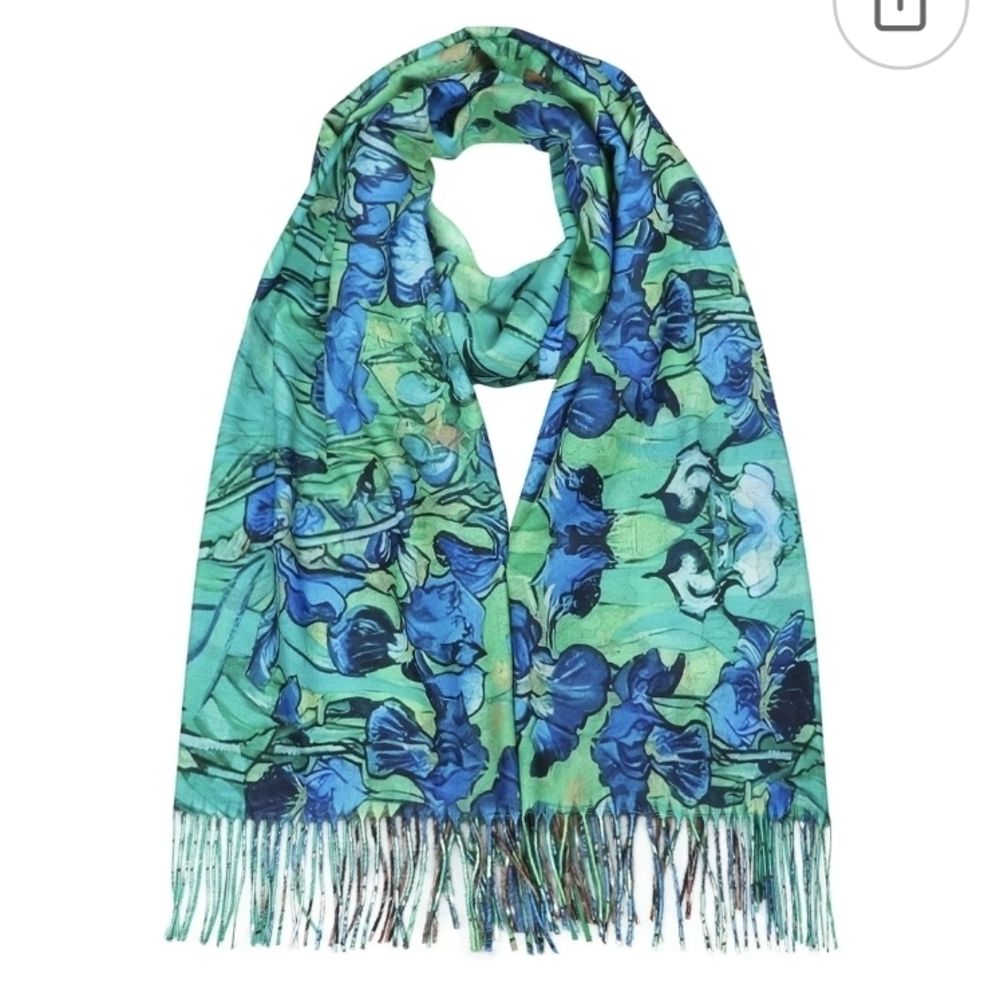 Floral Scarf 78 X 27 With Fringe Blue/green
